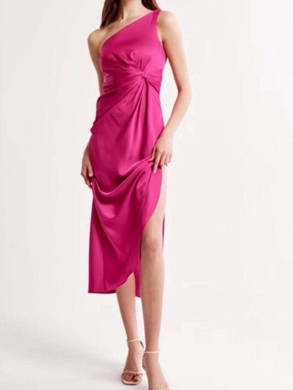 Abercrombie & Fitch Satin One Shoulder Knotted Midi Dress Fuchsia XS NEW $130